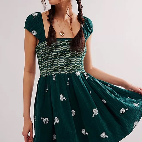 Free People Dresses & Skirts - Free People Forest Green Smocked Mini Dress